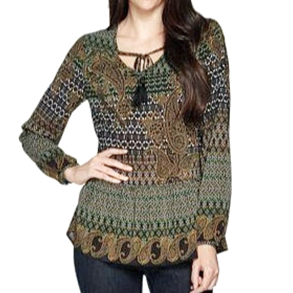 Du Jour Black Green Tasseled Long Sleeve Blouse M